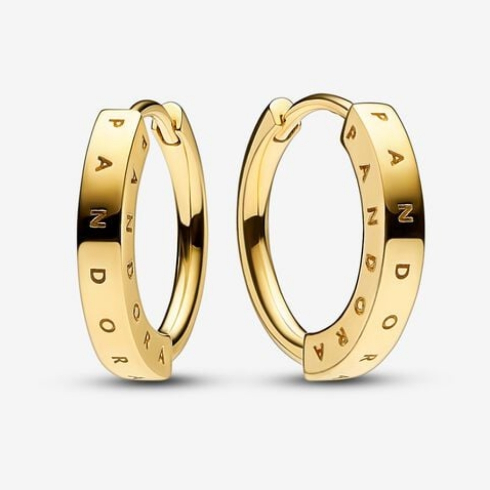 BRAND-NEW Pandora 14k Gold Signature I-D Hoop Earrings.